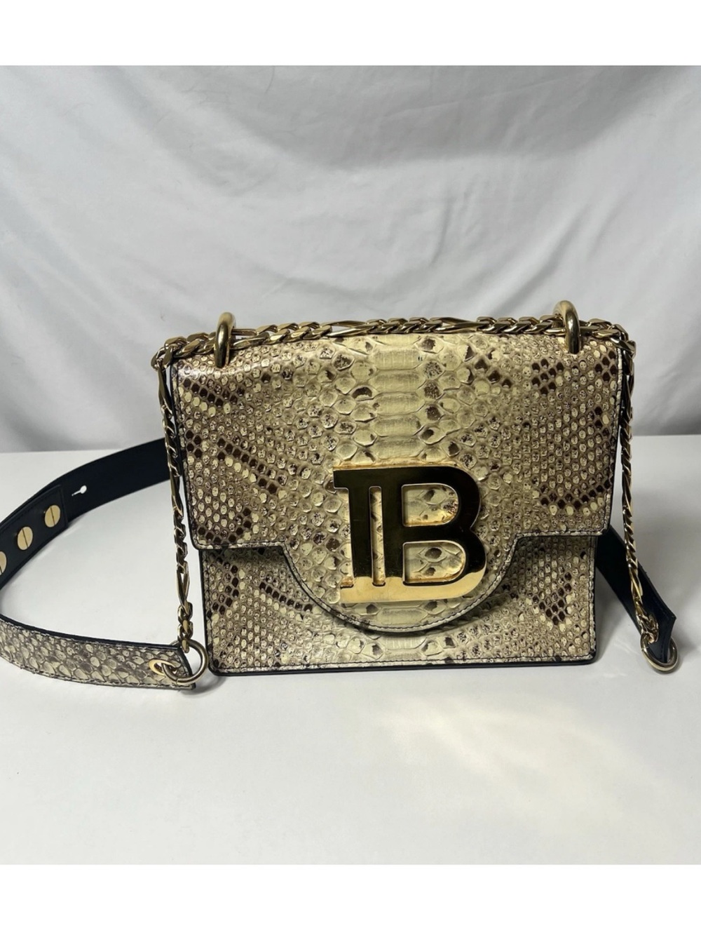 Balmain B-bag 18 handbag python, leather gold Tone B Logo Chain Strap preowned